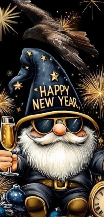 Gnome celebrating New Year with fireworks and champagne.