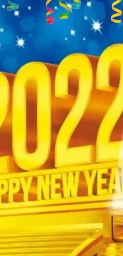 2022 Happy New Year celebration wallpaper with gold and vibrant colors.