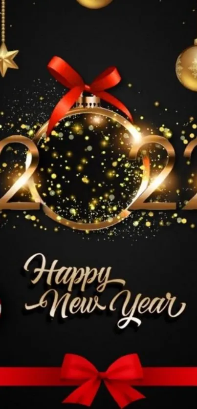 Happy New Year 2022 festive wallpaper with golden and red decorations.