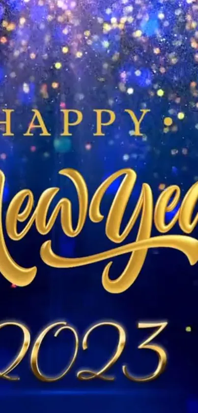 Happy New Year 2023 with gold text and sparkling blue background.