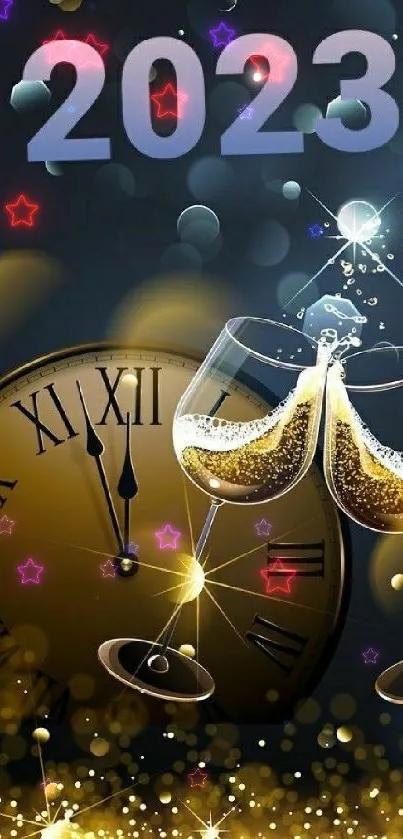 New Year 2023 wallpaper with champagne glasses and clock.