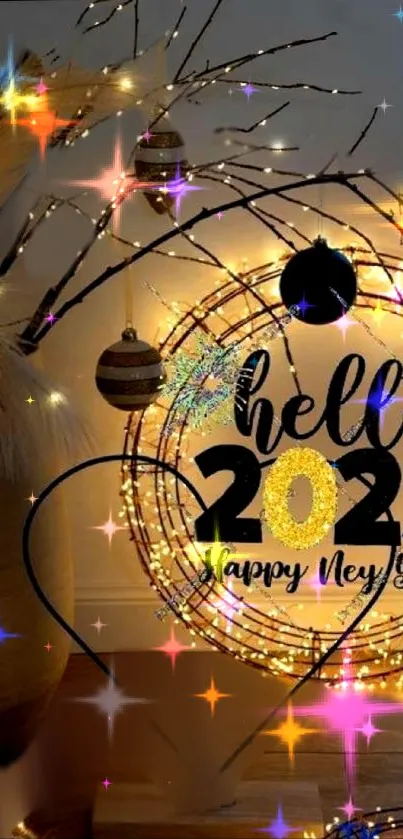 Festive New Year 2023 wallpaper with decorative lights and holiday theme.