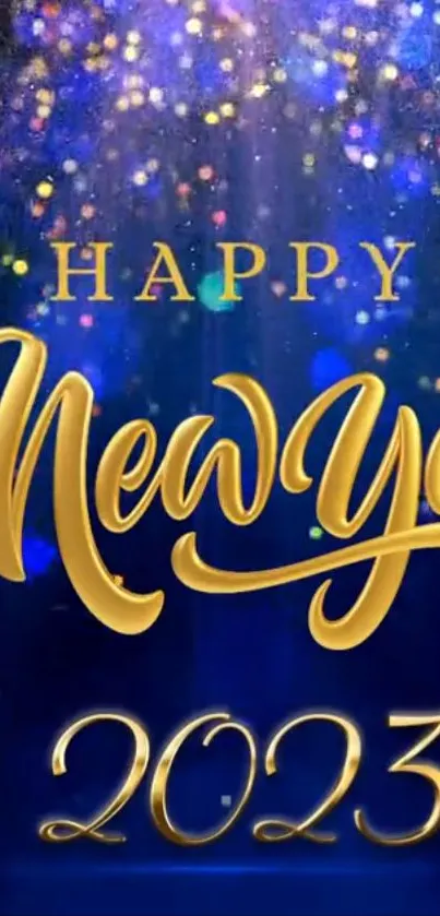 Festive Happy New Year 2023 wallpaper with golden text on a blue background.