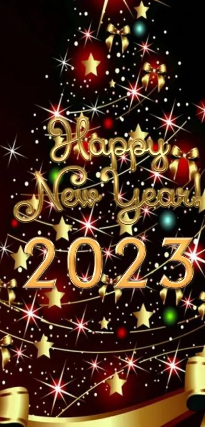 Festive 2023 New Year wallpaper with golden decorations and stars.