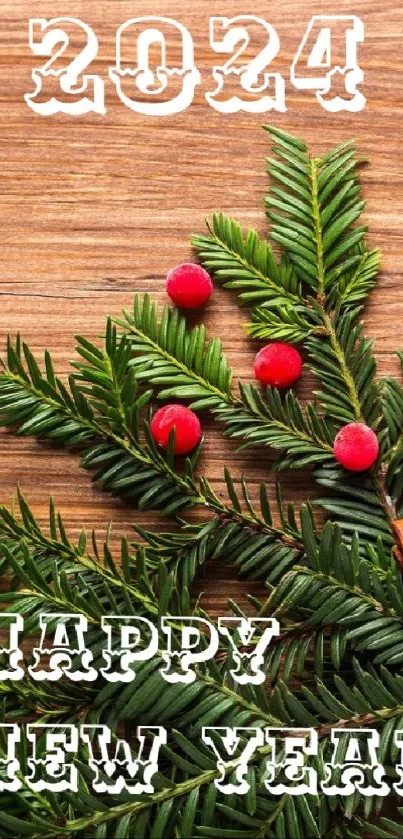 2024 Happy New Year wallpaper with pine and berries.