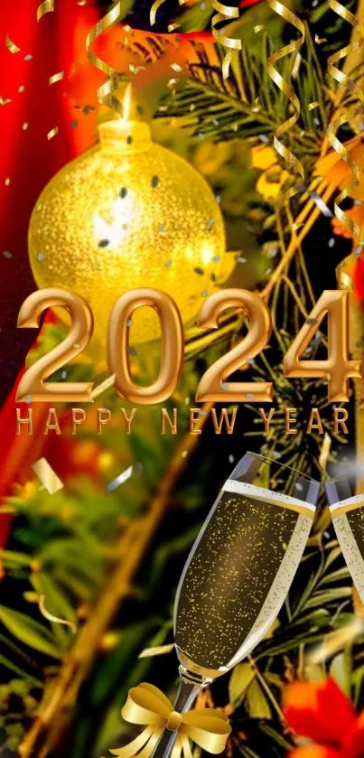 Festive 2024 New Year wallpaper with gold tones and celebratory elements.