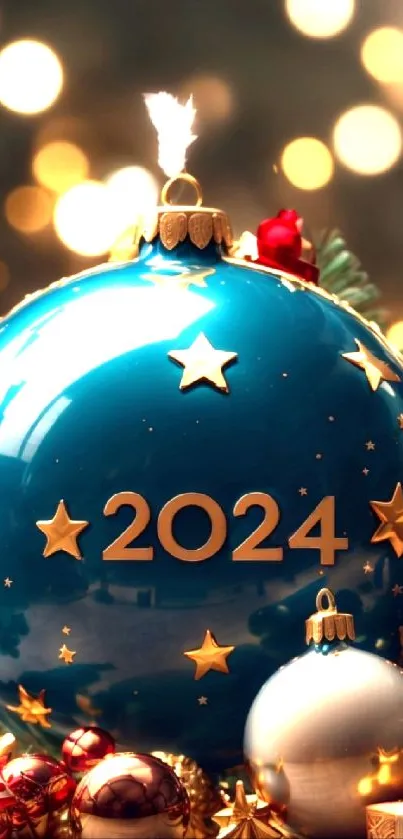 2024 New Year festive wallpaper with Christmas ornaments and gold stars.