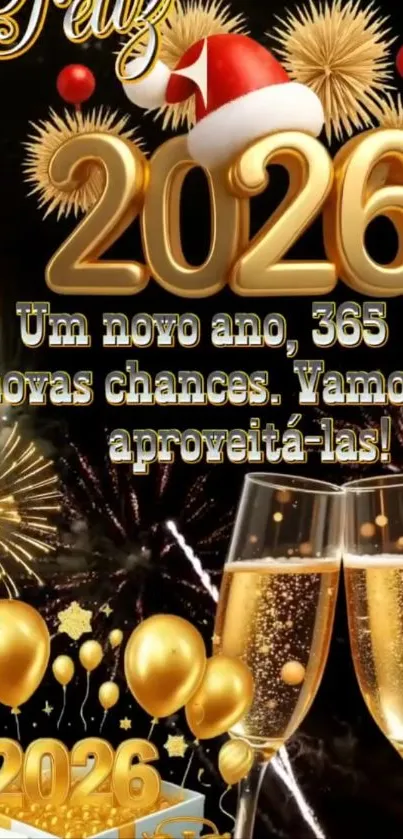 Festive New Year 2026 wallpaper with champagne and fireworks.