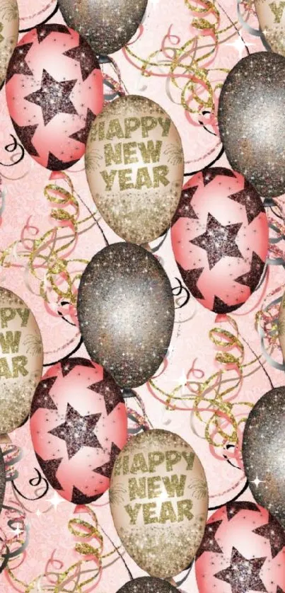 Festive New Year balloon wallpaper with glitter and stars.