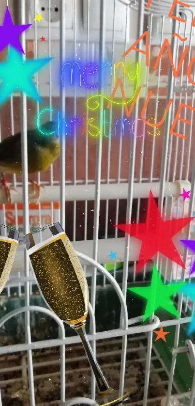 Festive New Year wallpaper with bird and stars.