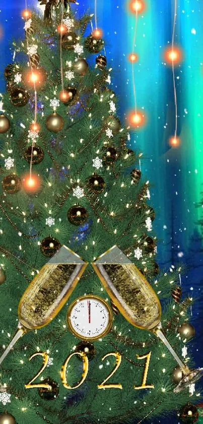 Festive Christmas tree with ornaments and 2021 countdown.