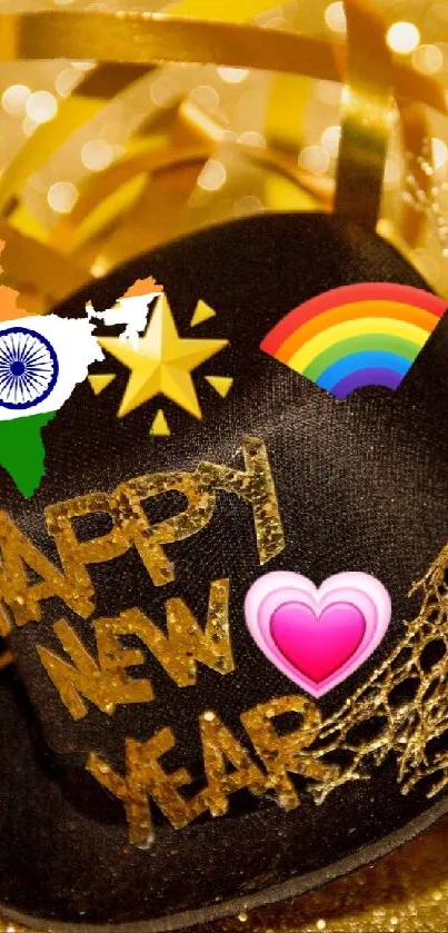 Happy New Year hat and champagne bottle with gold background.