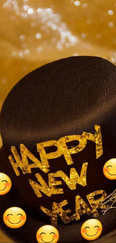 New Year hat with gold glitter and smiling emojis.