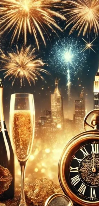 Festive New Year wallpaper with fireworks, champagne, and a city skyline.