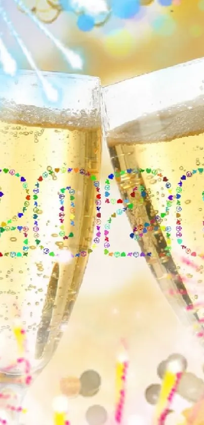 Champagne glasses and colorful 2020 text.