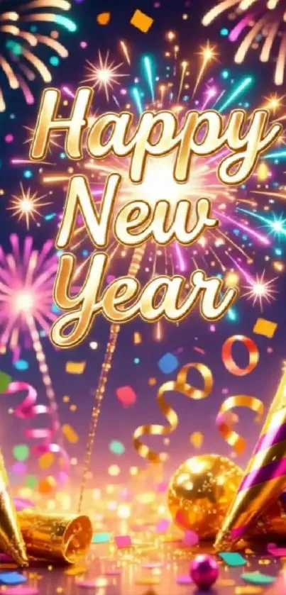 Vibrant New Year wallpaper with fireworks and decorations.