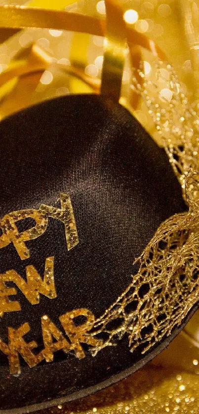 Festive New Year hat and champagne on gold background.