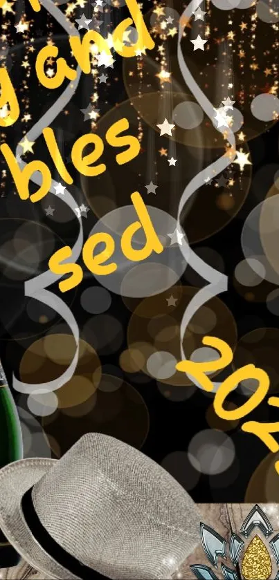 New Year's celebration wallpaper with champagne and sparkling lights.