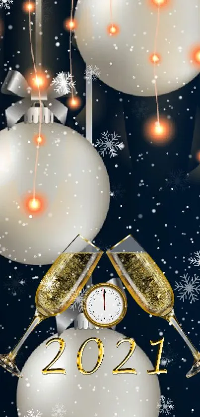 New Year festive wallpaper with champagne, clock, and snowflakes on dark background.