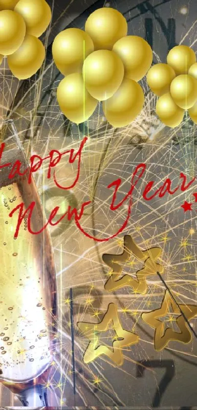 New Year wallpaper with golden champagne, fireworks, and a countdown clock.