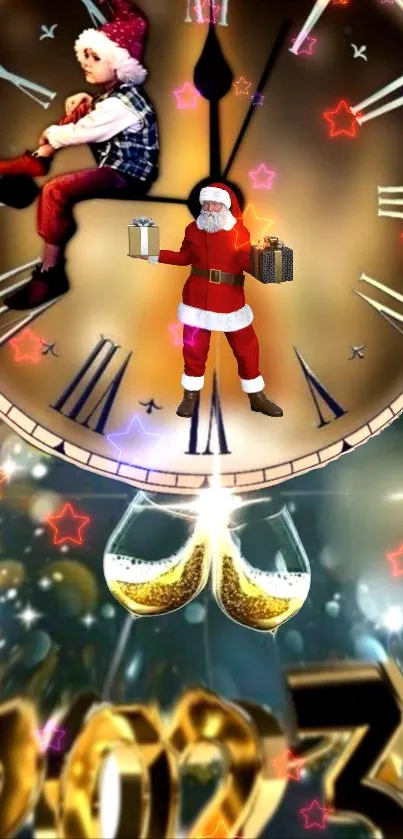 Festive wallpaper with Santa and clock for New Year celebration.