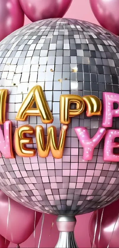 Happy New Year disco ball with pink balloons backdrop.