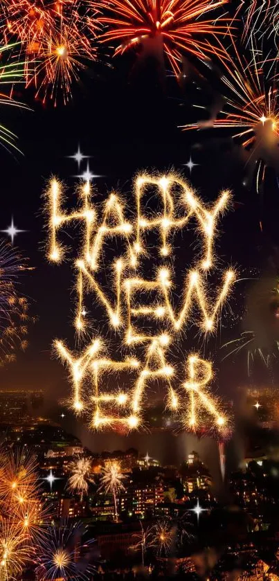 Vibrant fireworks display with 'Happy New Year' in sparklers.