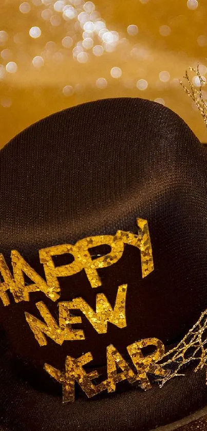 Black hat with gold 'Happy New Year' text on a golden background.