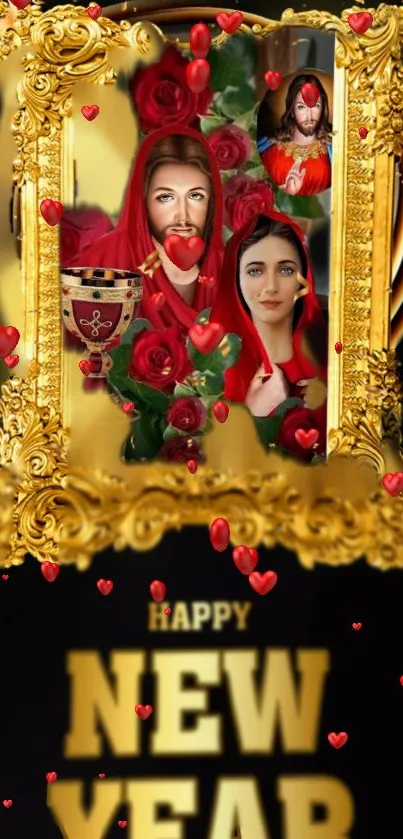 New Year wallpaper with golden frame and red roses design.