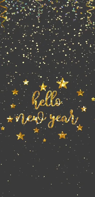 Dark background with golden 'Hello New Year' text and stars.