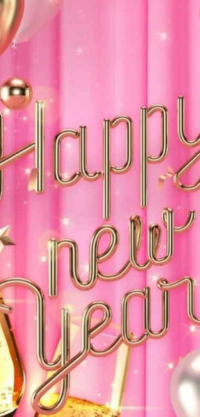 New Year wallpaper with balloons, pink background and golden text.