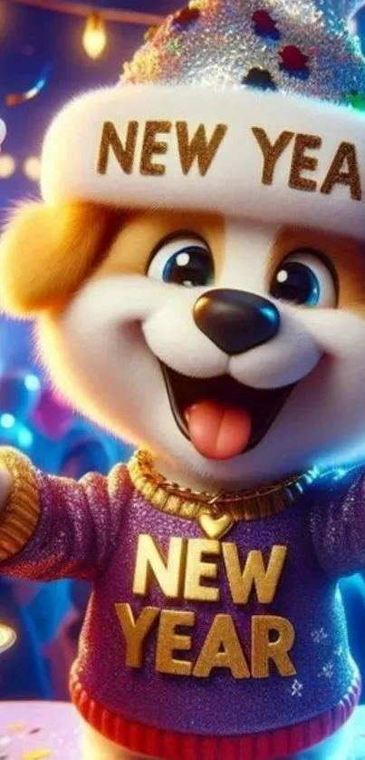 Festive New Year cartoon puppy with champagne and party hat.