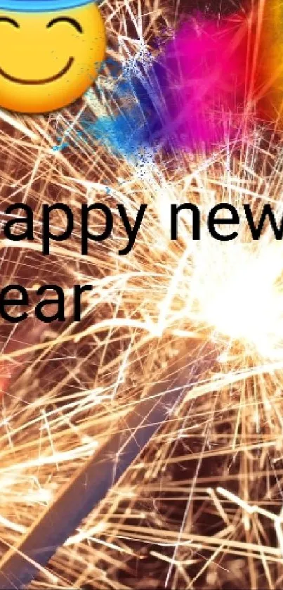 Happy New Year mobile wallpaper with sparklers and emojis.