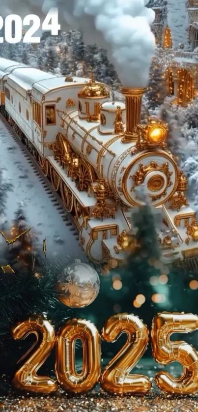 Golden train and 2025 numbers in winter scene.