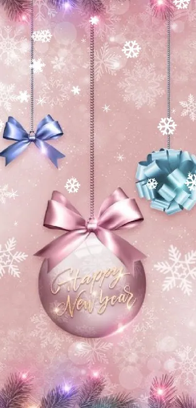 Festive New Year mobile wallpaper with pink bows and snowflakes.