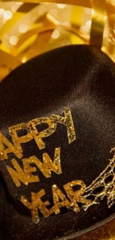 New Year wallpaper with a festive black hat and gold accents.