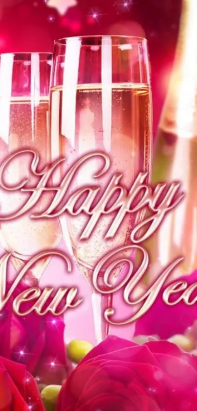 Happy New Year wallpaper with champagne and roses in pink.