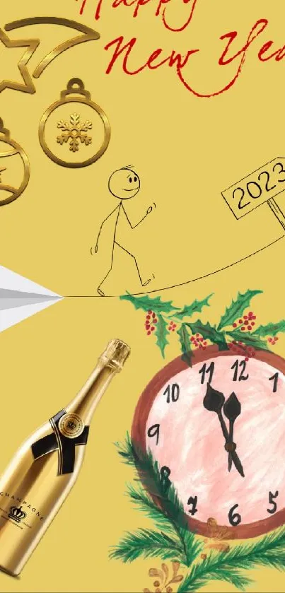 Gold festive wallpaper with 2023 themes, champagne, and clock.