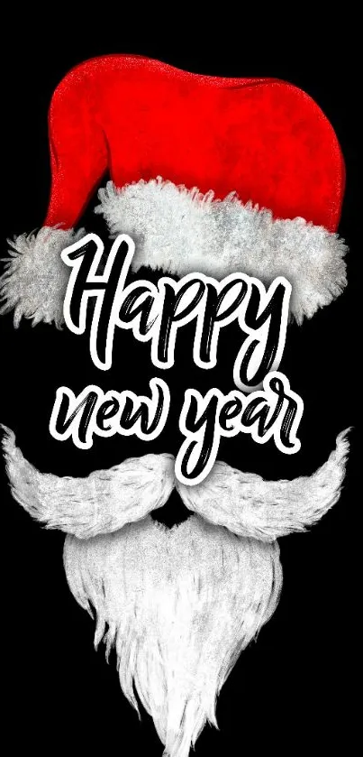 Santa hat and beard with 'Happy New Year' text on black background.