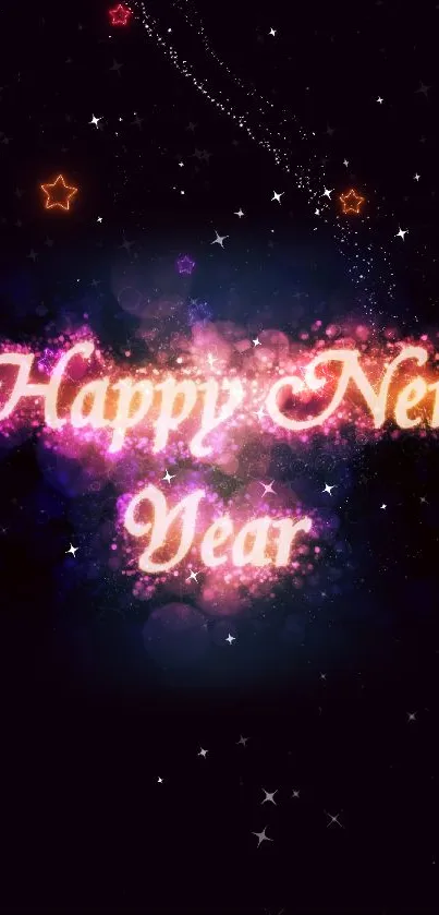 Happy New Year festive wallpaper with glowing pink text and dark background.