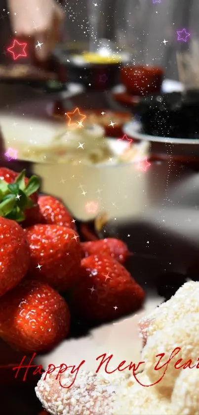 Festive New Year mobile wallpaper with strawberries and stars.
