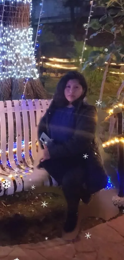 Festive night scene with a bench and glowing lights.