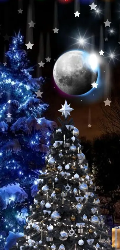 Christmas wallpaper with moonlit night and festive trees.