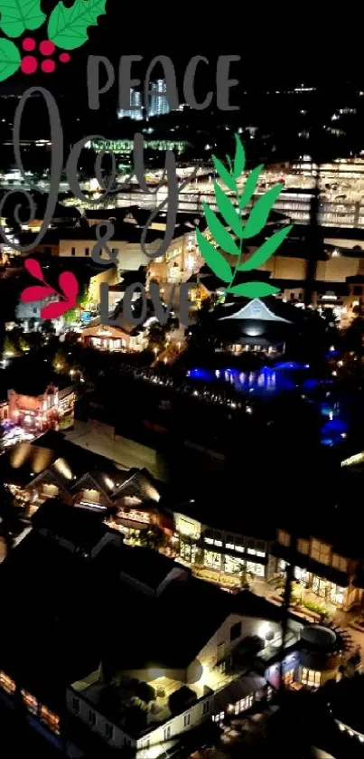 Festive cityscape at night with holiday lights and decorations.