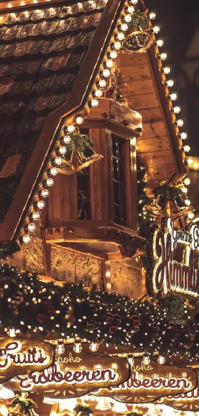 Cozy Christmas market at night with festive lights and warm holiday ambiance.