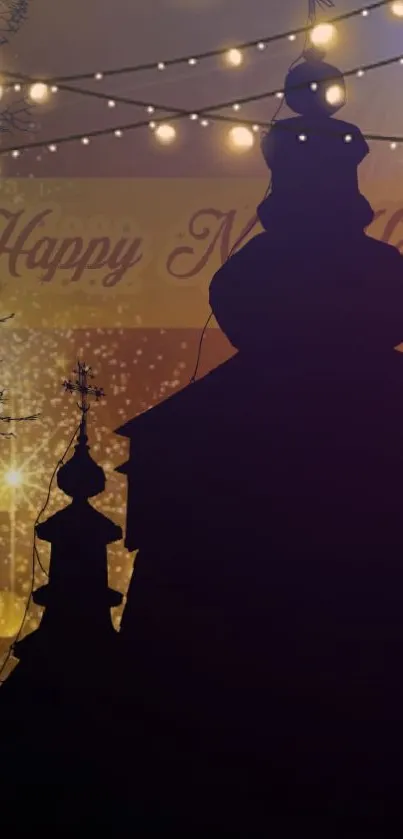 Silhouette under festive lights with New Year greeting.