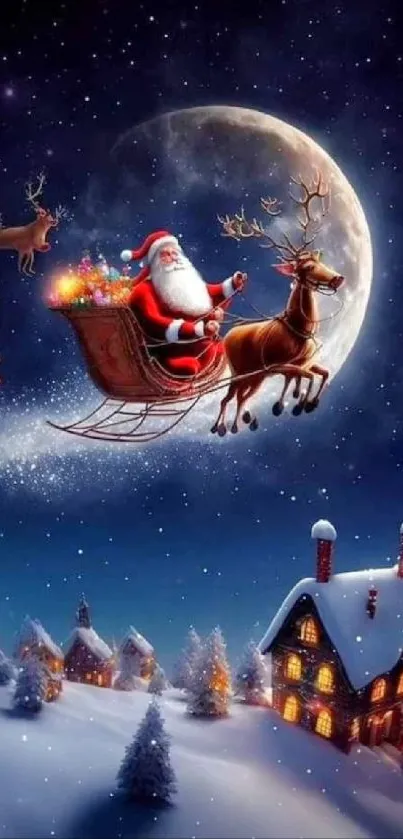 Santa Claus flies over snowy village under a moonlit sky.