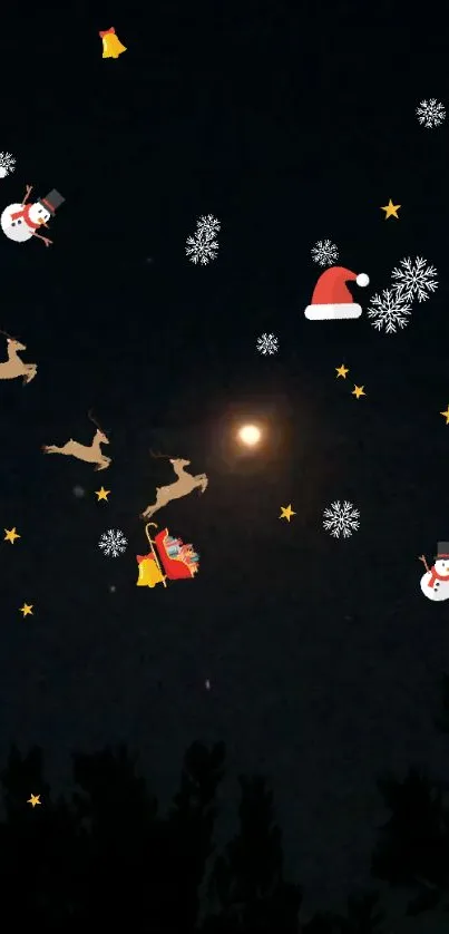 Festive night sky wallpaper with Santa and reindeer.