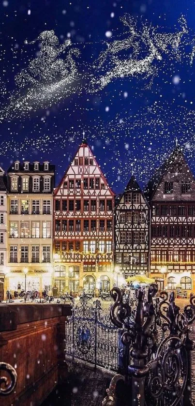 Festive town square under winter night sky with sleigh silhouette.