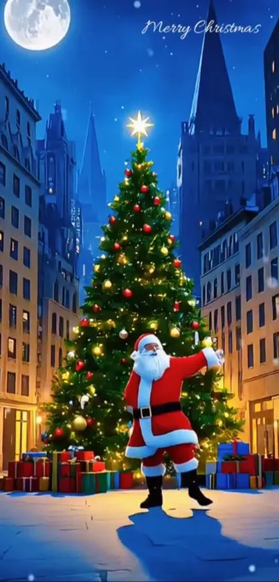 Santa Claus with Christmas tree in city square at night.